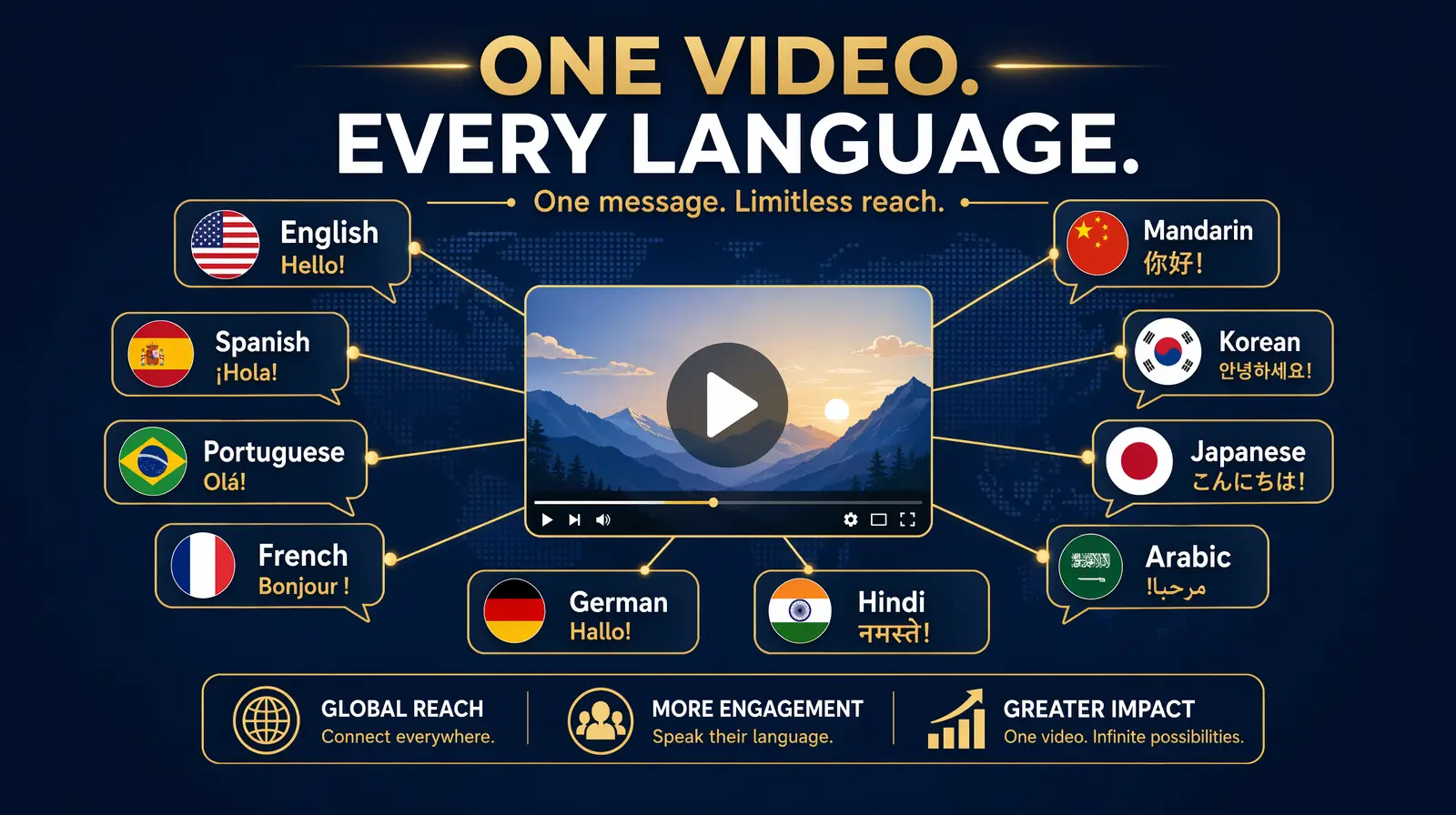Global map with flags and audio waveforms showing one video dubbed into many languages