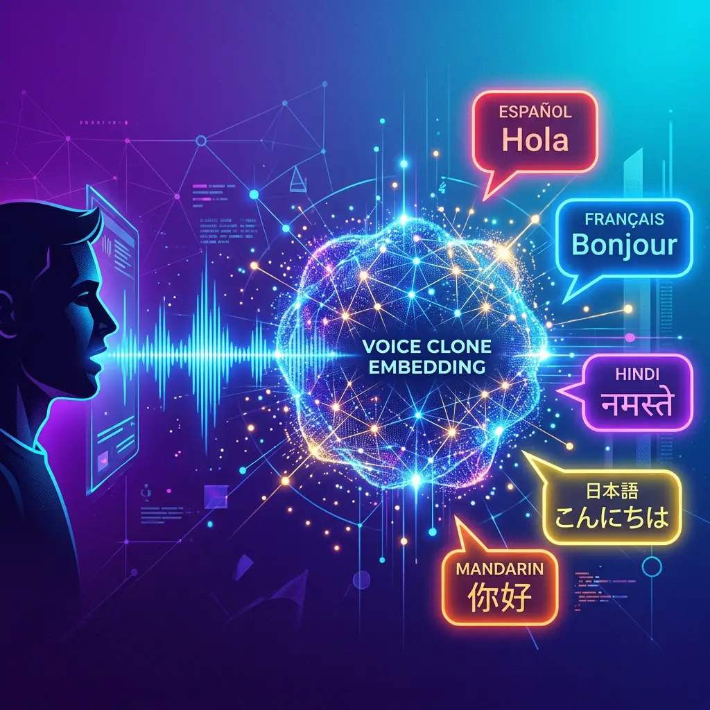 Conceptual illustration of AI voice cloning showing a waveform transforming into a digital voice embedding and then into multilingual speech