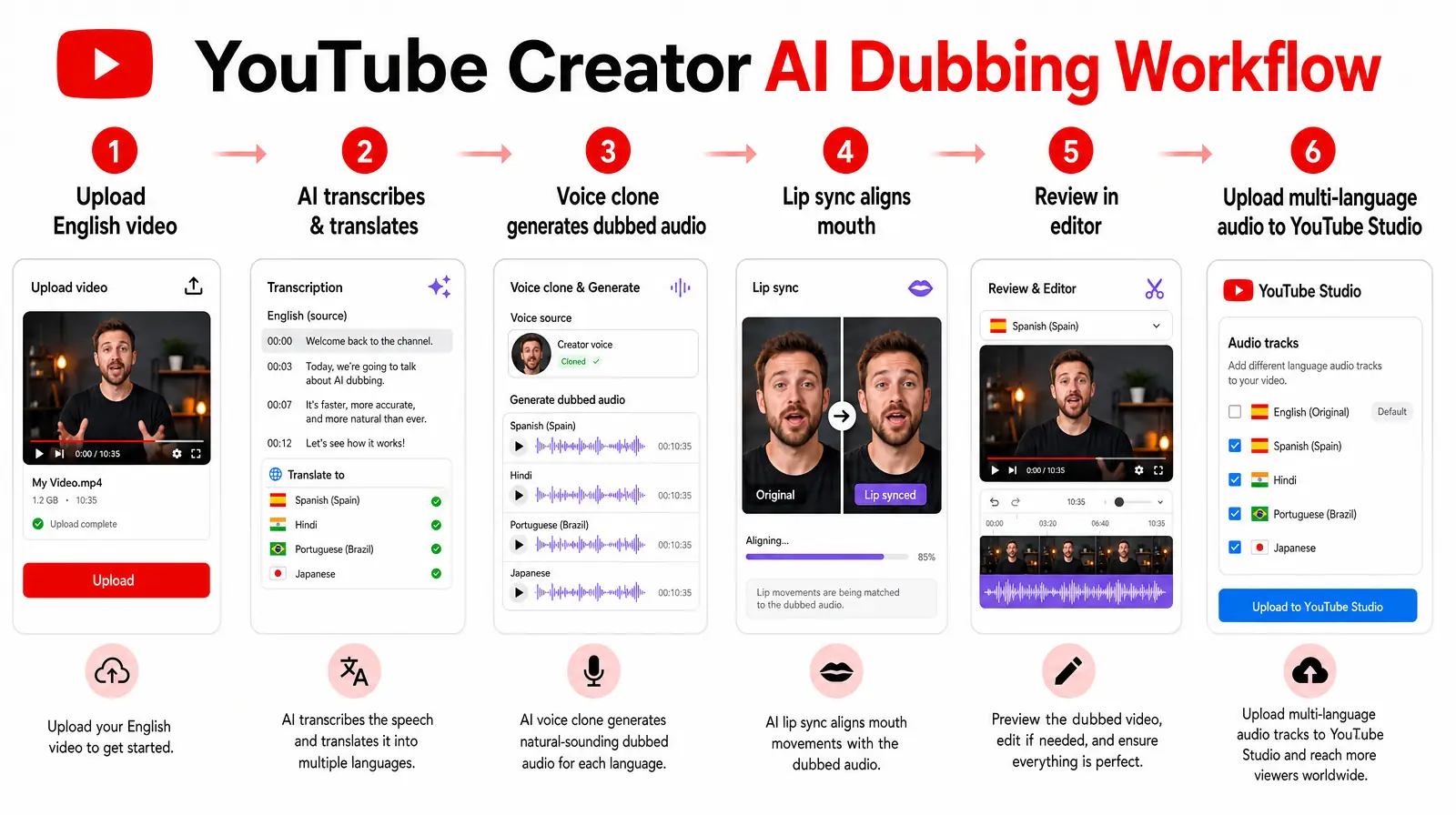 YouTube creator AI dubbing workflow — six steps from upload to publish