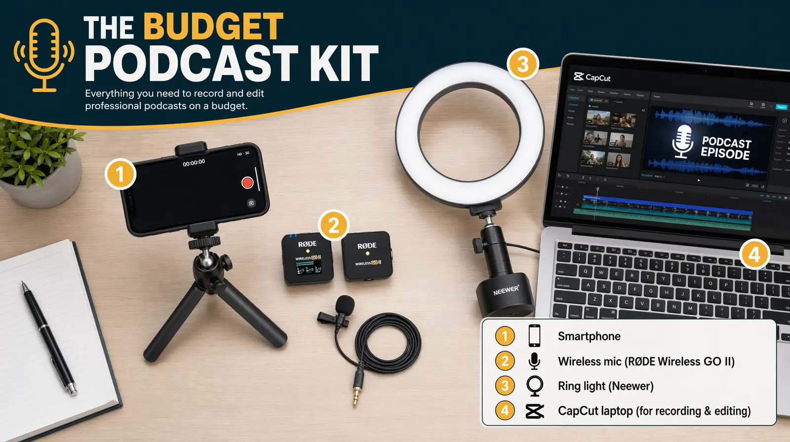 Flat lay of a starter YouTube creator kit smartphone lav mic ring light and laptop