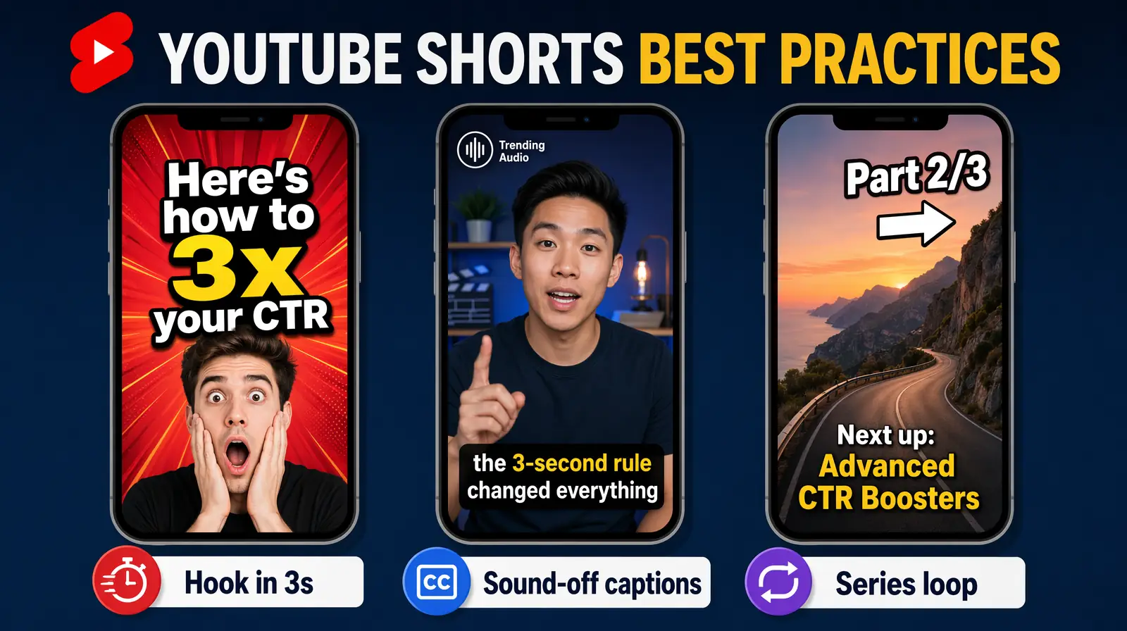 Three vertical YouTube Shorts examples showing strong 3-second hooks text overlays and trending audio