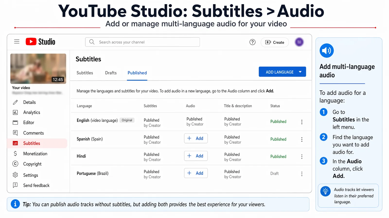 YouTube Studio multi-language audio track upload panel