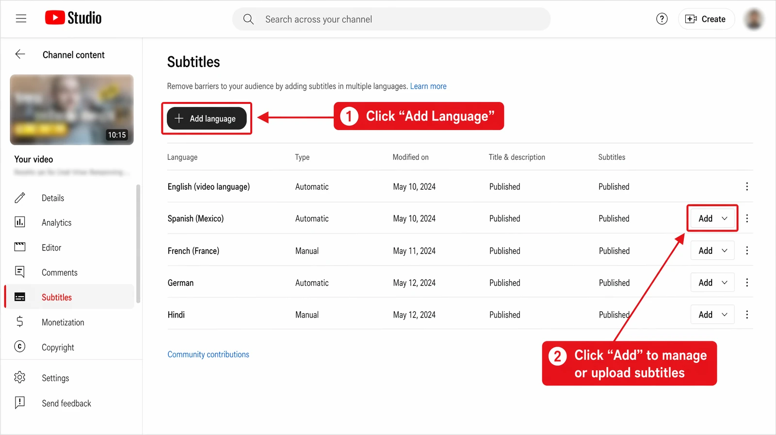 YouTube Studio Subtitles panel with Add Language and Upload file options highlighted