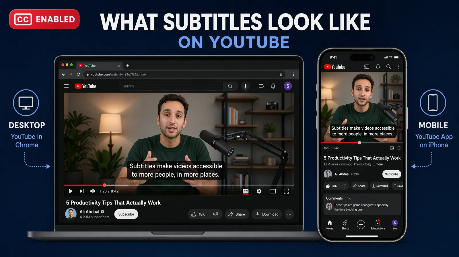 YouTube video with subtitles displayed on mobile and desktop